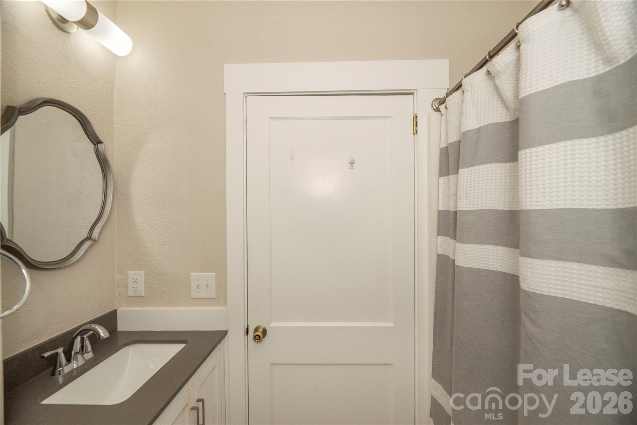 212 South Broad Street Brevard, NC 28712 - Photo 9 of 12 a bathroom with a granite countertop sink a mirror and a shower