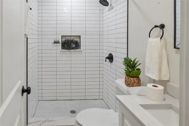 a bathroom with a toilet and a shower