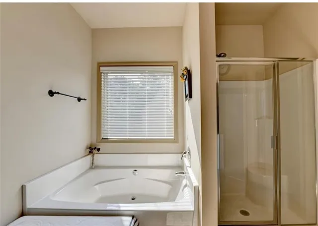 a bathroom with a bathtub and a shower