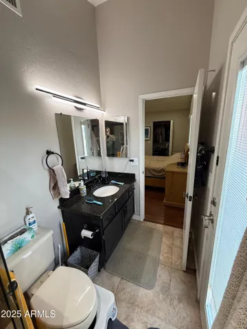 a bathroom with a sink toilet mirror and vanity