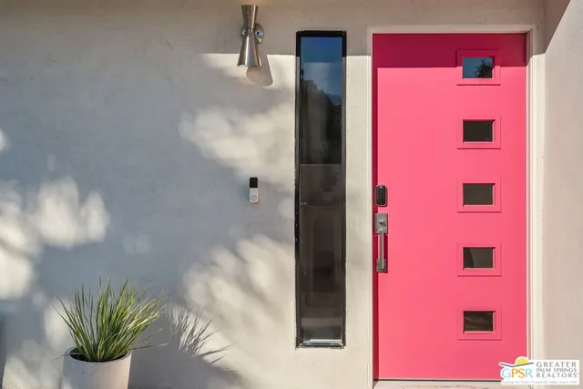 a bathroom with a sink a mirror and a potted plant