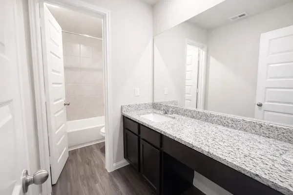 a bathroom with a granite countertop sink and a bathtub