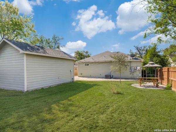 a view of a backyard with plants and large tree