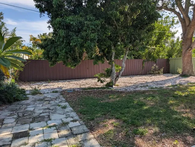 a view of a backyard with plants and trees