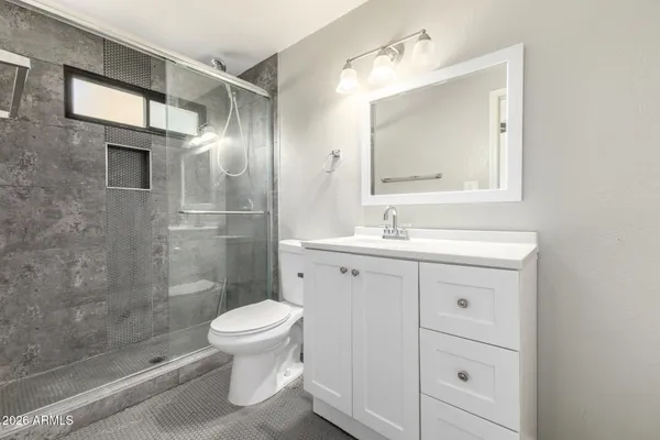 a bathroom with a sink a toilet and shower