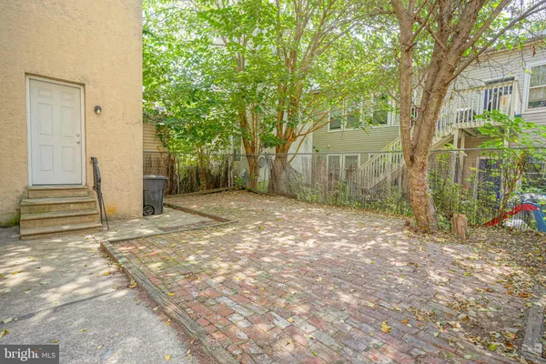 a view of a yard with plants and trees