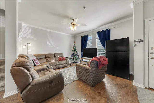 a living room with furniture ceiling fan and a rug