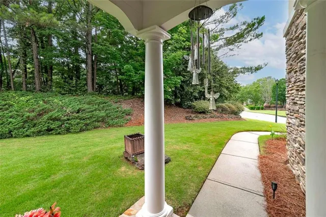 a view of a garden with a fountain