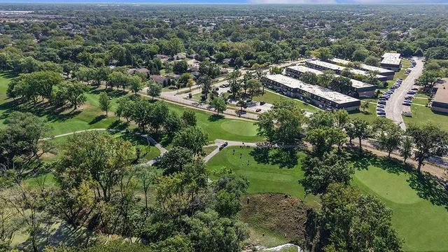 an aerial view of a residential houses with outdoor space and trees all around