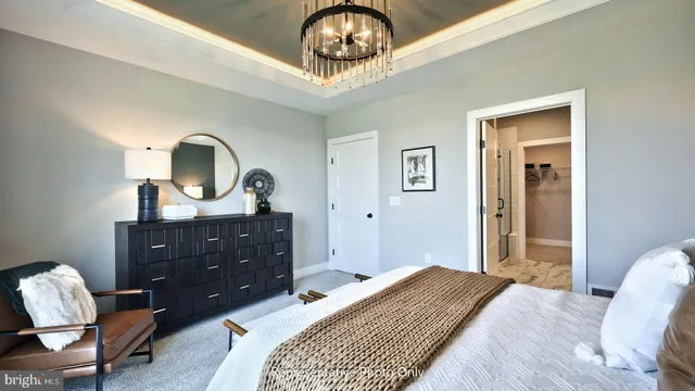 a bedroom with a bed and a chandelier
