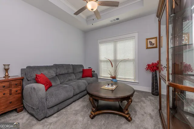 a living room with furniture and a potted plant