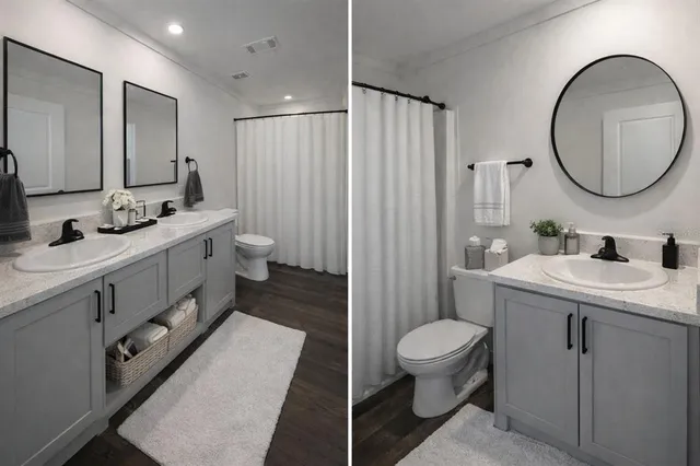 a bathroom with a double vanity sink mirror and toilet