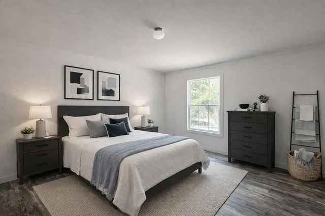 a bedroom with a bed and a closet