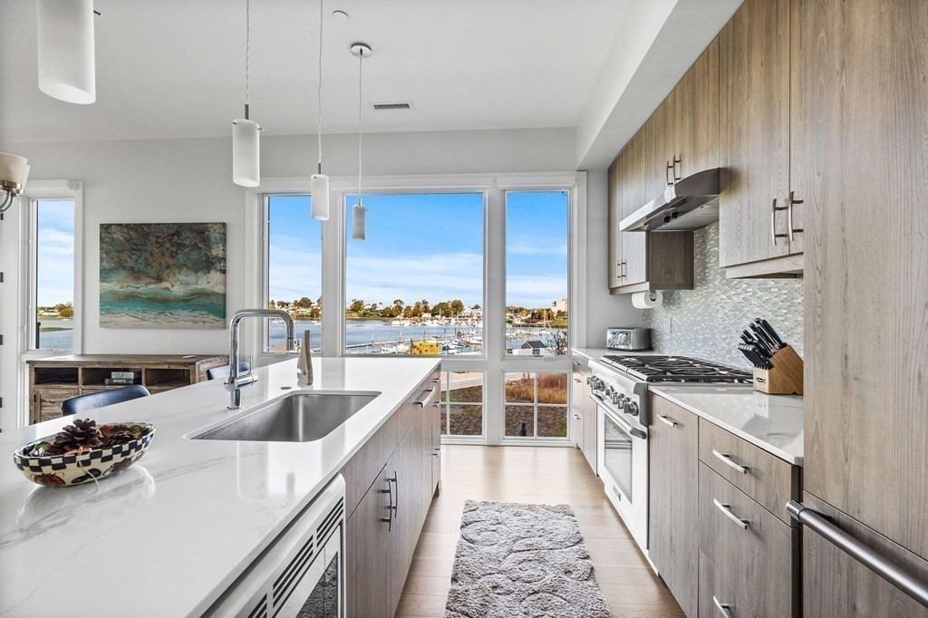 10 Shipyard Drive, Unit 312 Hingham, MA 02043 - Photo 11 of 35 a kitchen with stainless steel appliances a sink a stove and a wooden floors