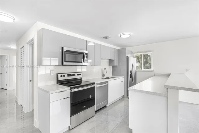 a kitchen with a stove a sink and a microwave