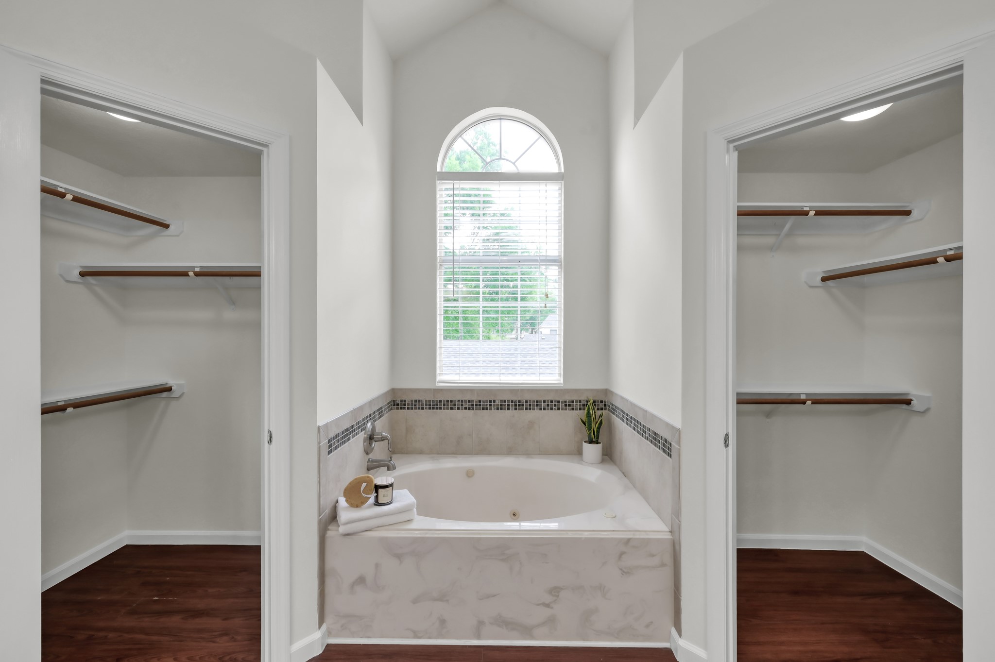 114 Regency Way Conroe, TX 77304 - Photo 29 of 48 His and hers closets. Primary bath with separate shower and tub, dual vanities and vaulted ceiling.