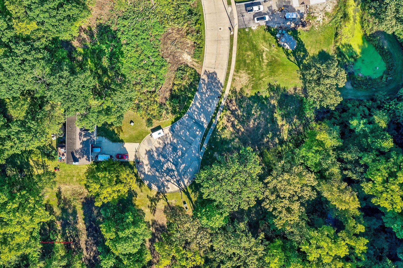 an aerial view of a yard with plants