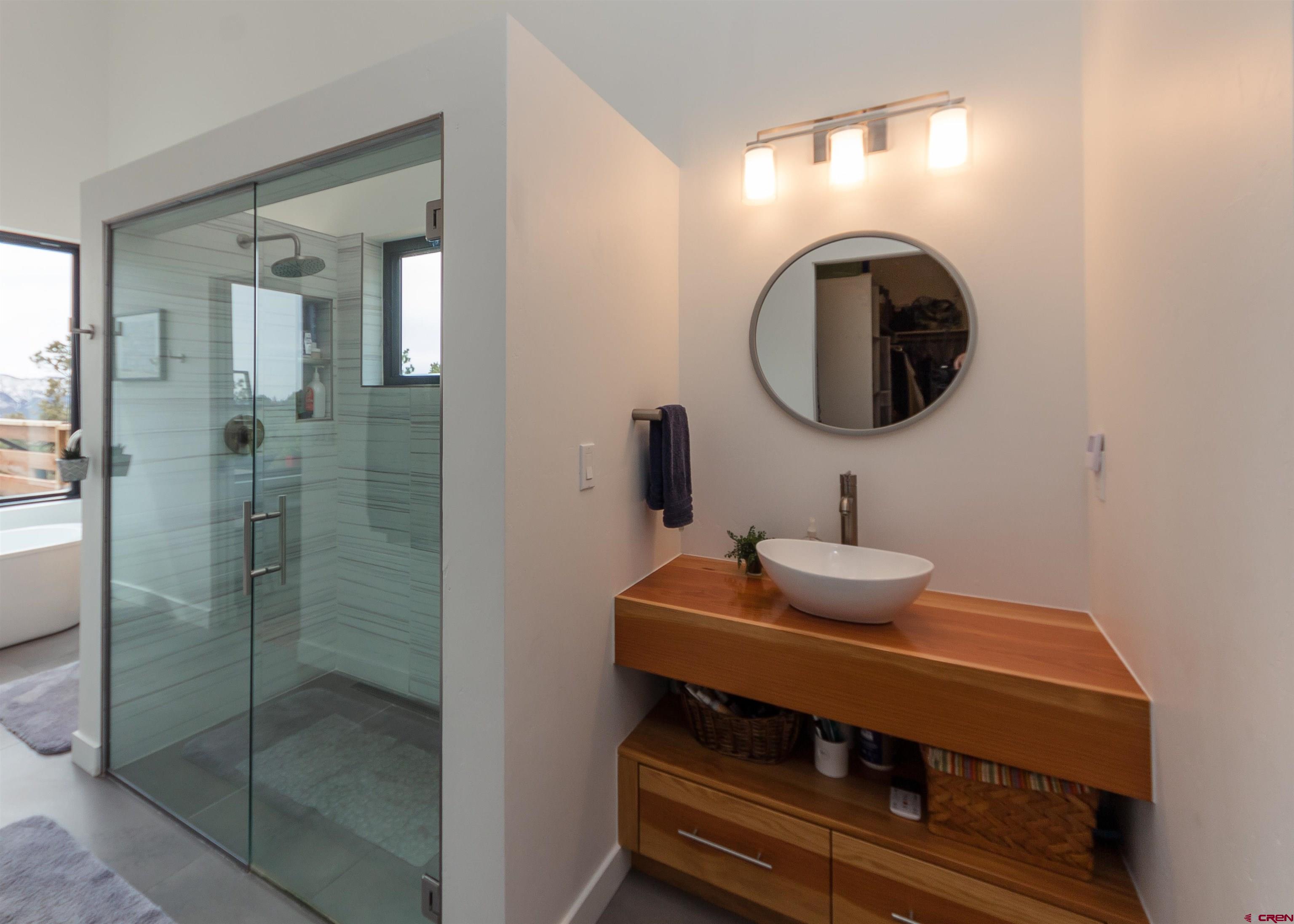 405 Far View Road Durango, CO 81303 - Photo 19 of 35 a bathroom with a sink mirror and shower