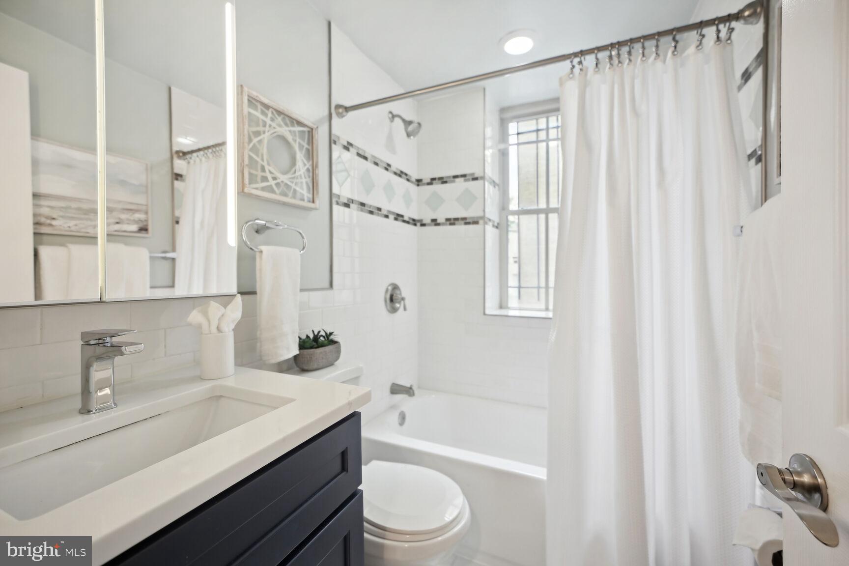 1451 Park Road Northwest, Unit 113 Washington, DC 20010 - Photo 31 of 50 a bathroom with a sink a toilet a mirror and a shower