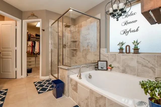 a bathroom with a bathtub and a shower