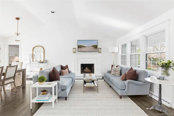 a living room with furniture a fireplace and a floor to ceiling window