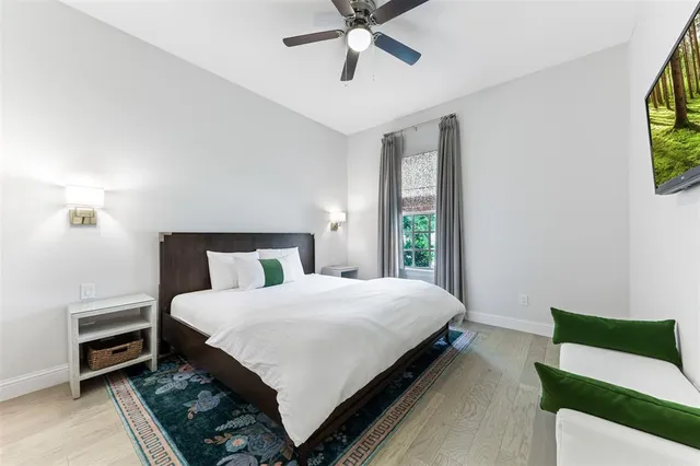 a bedroom with a bed and a tv on the dresser