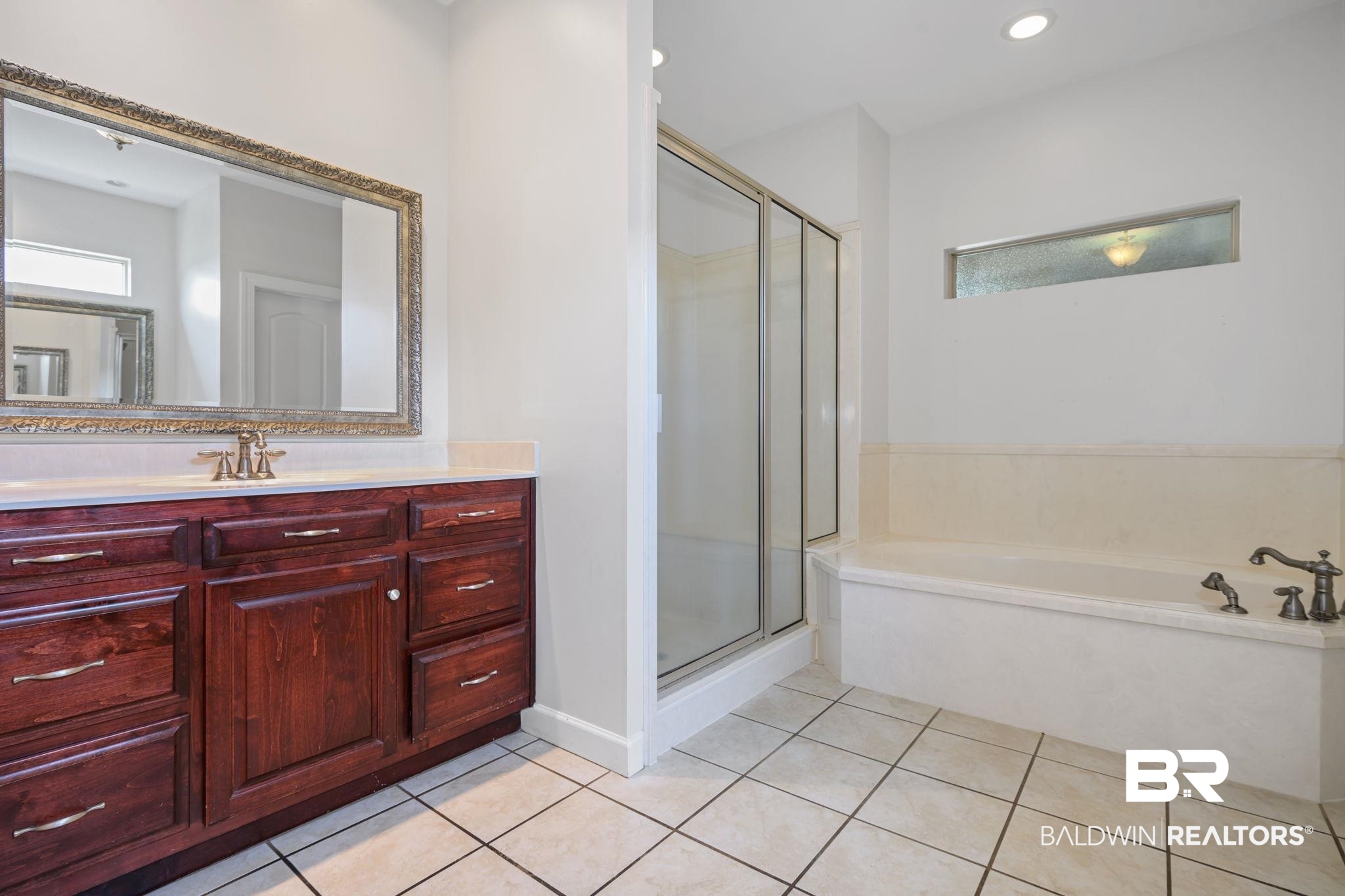 9730 Harmony Ridge Circle West Semmes, AL 36575 - Photo 15 of 38 Full bathroom featuring a bath, vanity, a stall shower, tile patterned floors, and recessed lighting