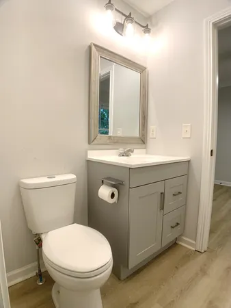 a bathroom with a toilet sink and mirror