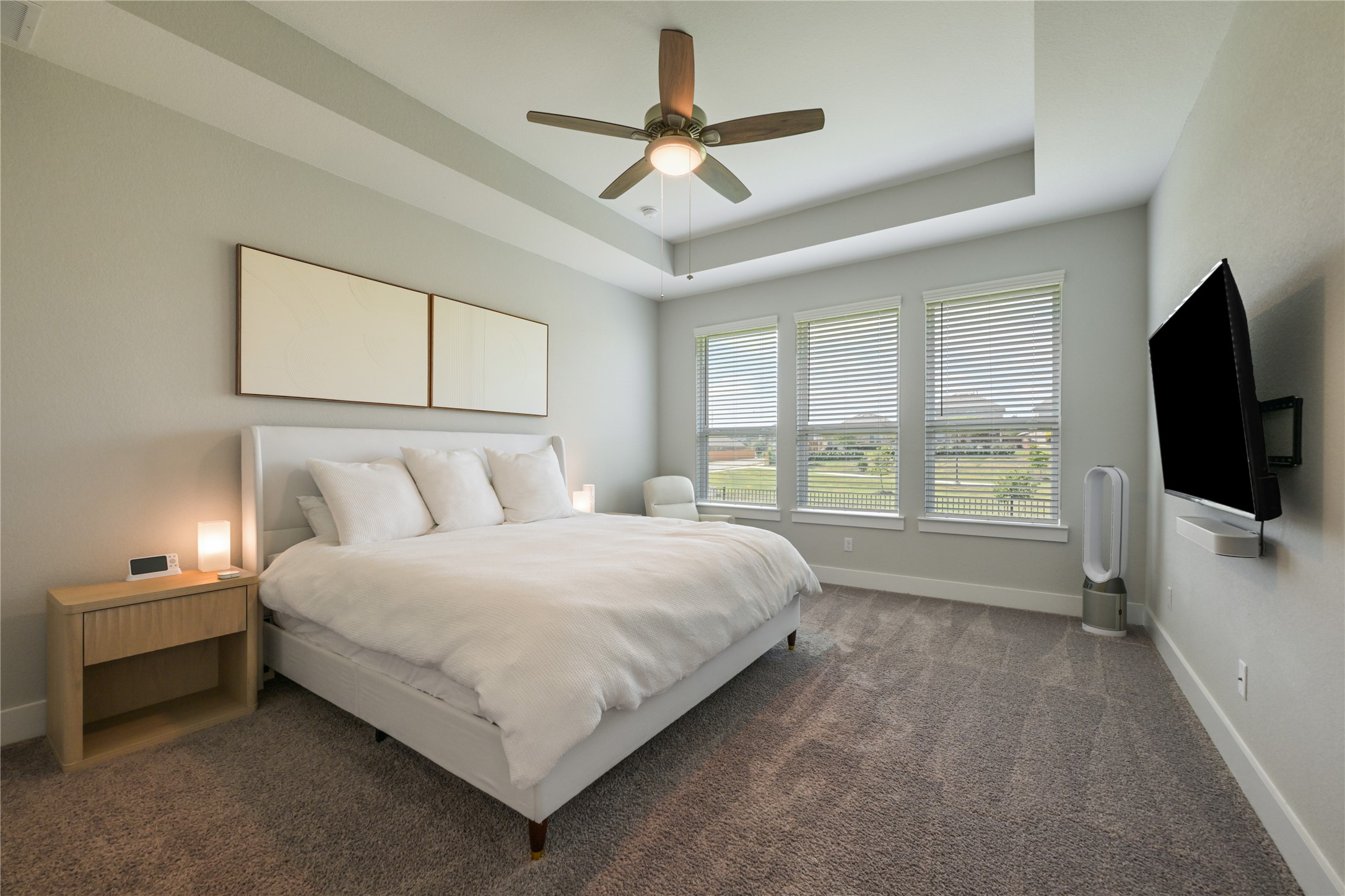 238 Wild Pecan Loop Buda, TX 78610 - Photo 14 of 31 A tray ceiling highlights this spacious bedroom complete with plush carpeting and large windows.