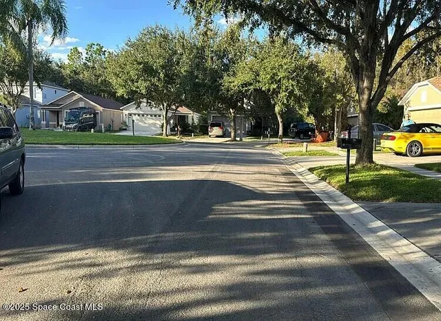 a view of park with large trees