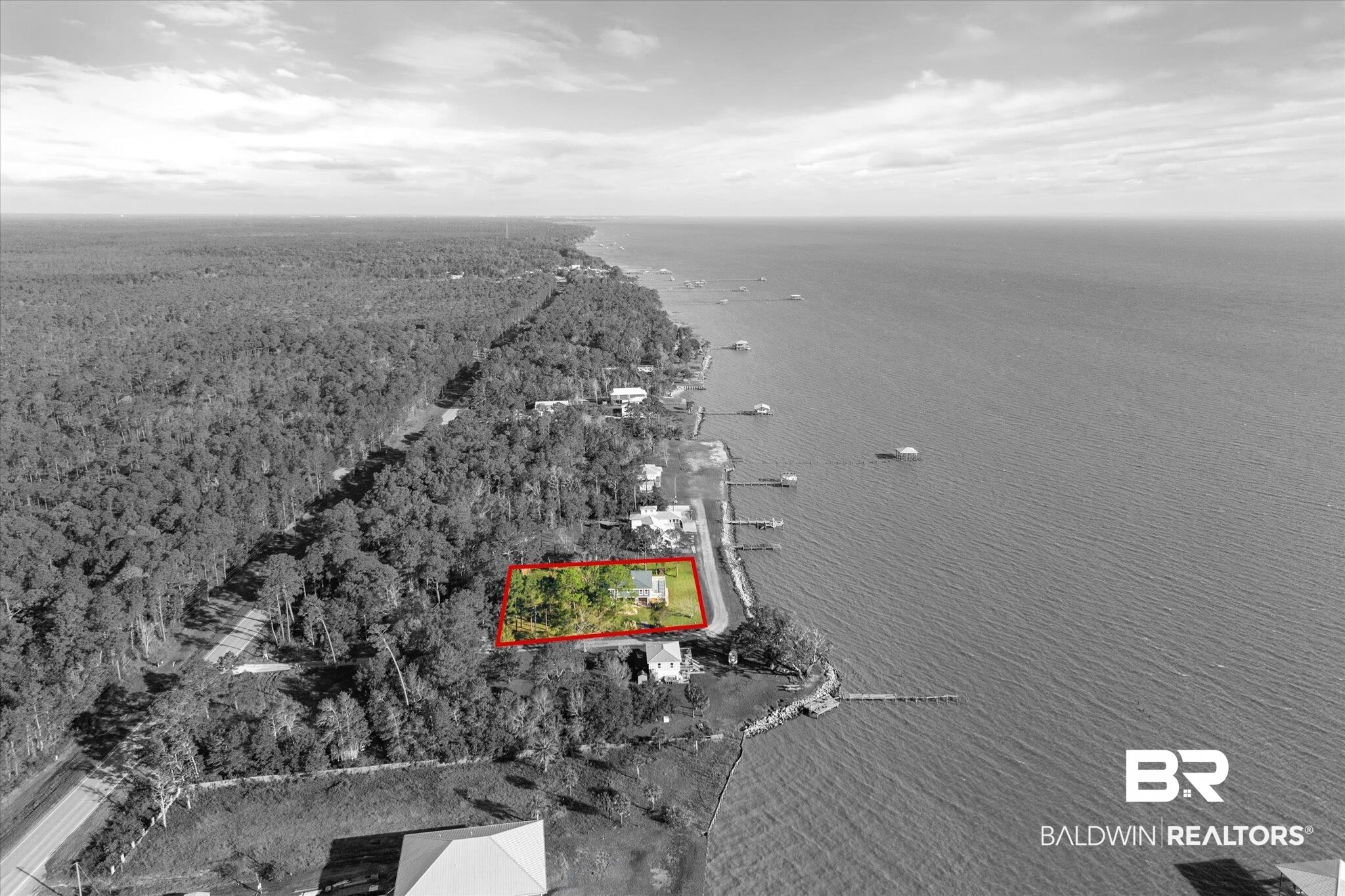 15111 Regus Road Coden, AL 36523 - Photo 26 of 35 Aerial view of property's location with property parcel outlined and a nearby body of water