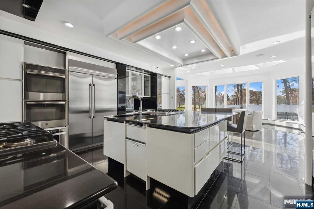 23 Rio Vista Drive Alpine, NJ 07620 - Photo 17 of 47 a kitchen with stainless steel appliances kitchen island granite countertop a stove and a refrigerator