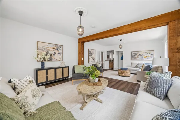 a workspace with furniture and wooden floor