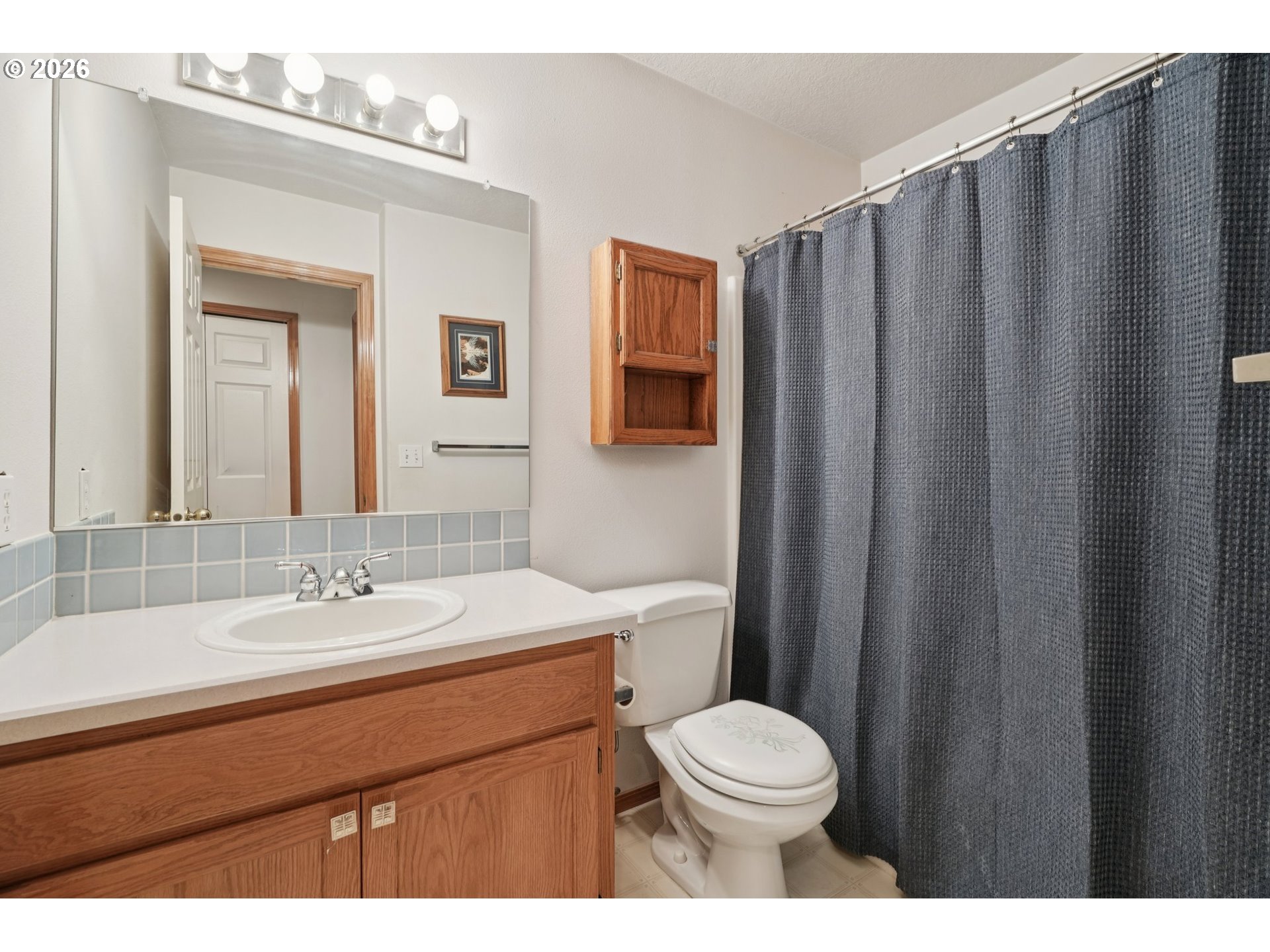 19862 Castleberry Loop Oregon City, OR 97045 - Photo 22 of 33 a bathroom with a sink a toilet a mirror and shower curtain