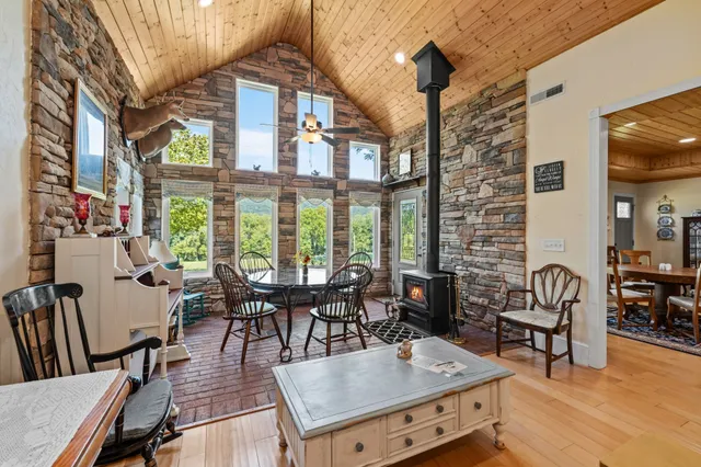 an outdoor space with furniture