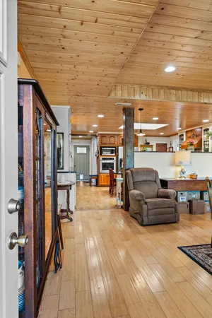 a hallway with furniture