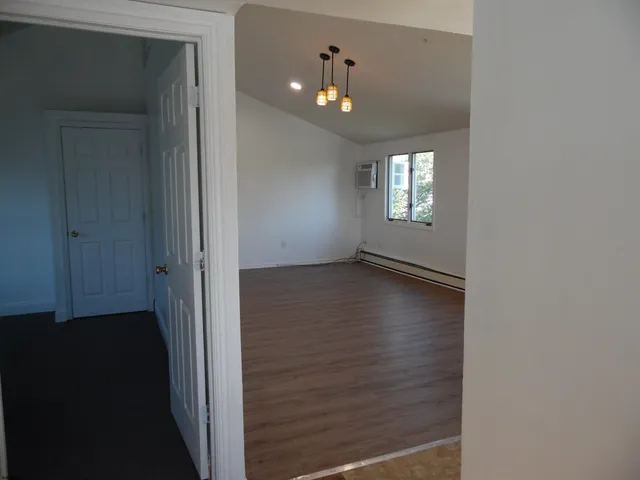 a view of a hallway with wooden floor