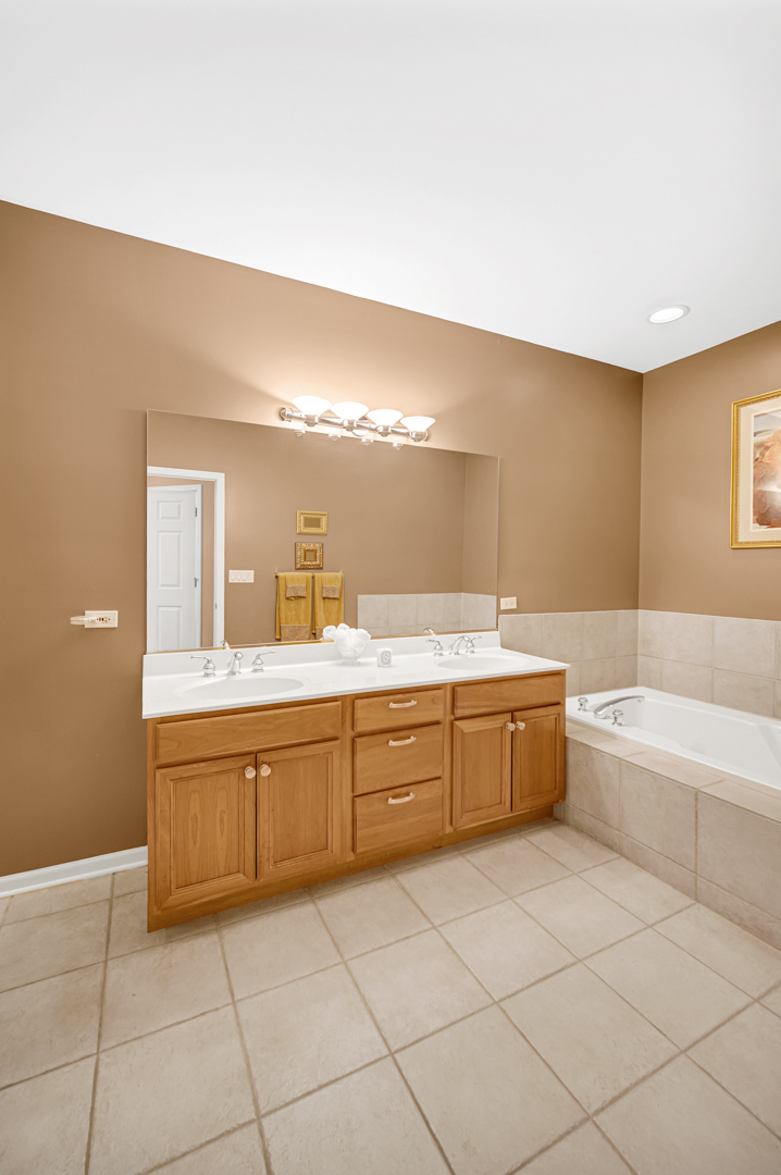 726 St Johns Place Addison, IL 60101 - Photo 17 of 39 a bathroom with a granite countertop bathtub sink vanity and mirror