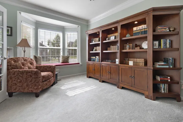 a living room with furniture and a book shelf