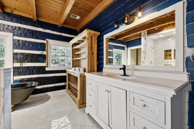 a view of a balcony with wooden floor