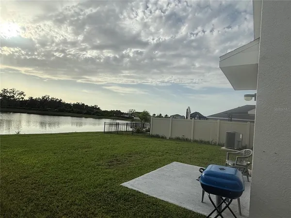 a view of a backyard with plants and lake