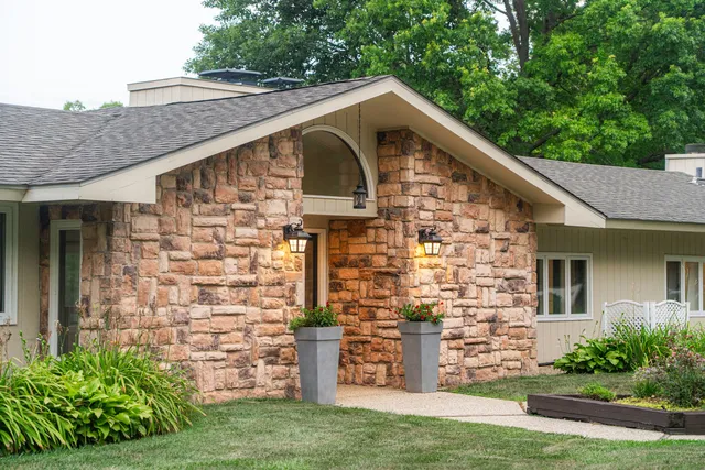 a view of a garden with a slide