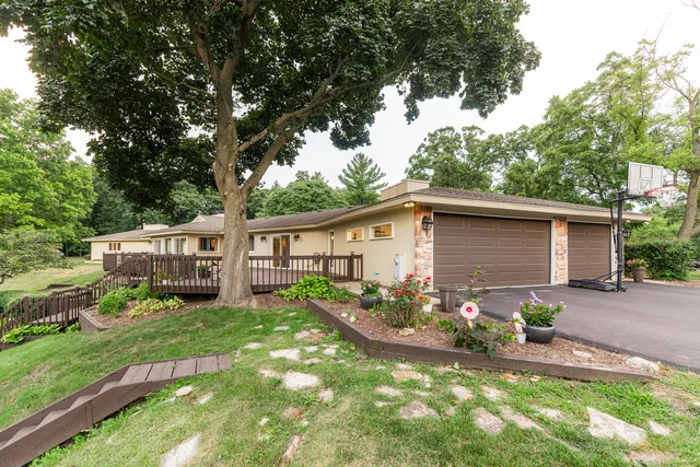 a backyard of a house with table and chairs plants and large tree