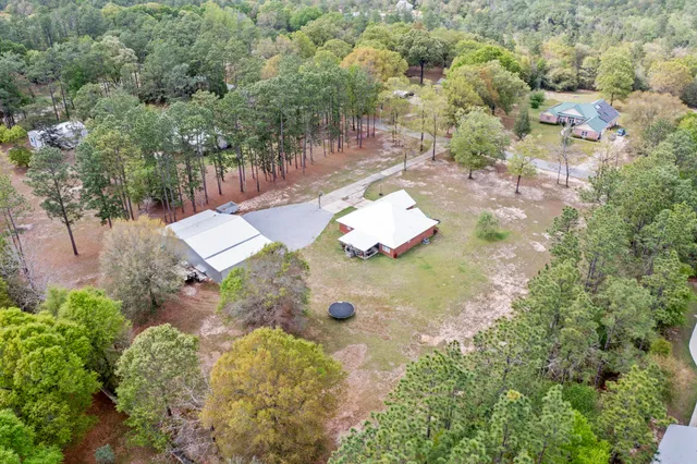 an aerial view of a house with a yard and covered with trees