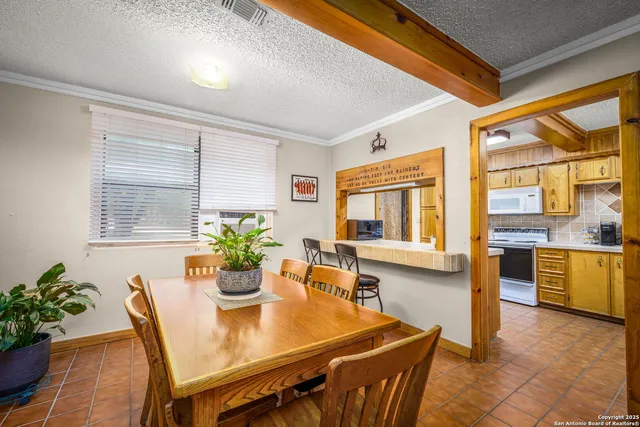 a dining room with furniture a potted plant and a kitchen view