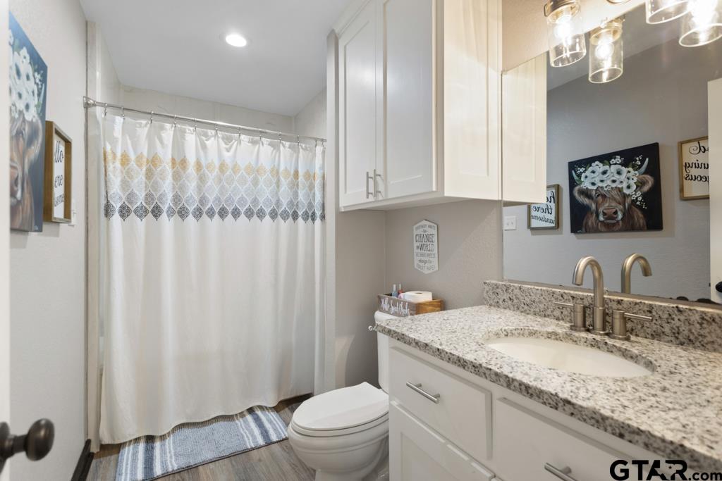 106 Ridgecrest Circle Bullard, TX 75757 - Photo 23 of 32 a bathroom with a granite countertop sink a toilet and a mirror