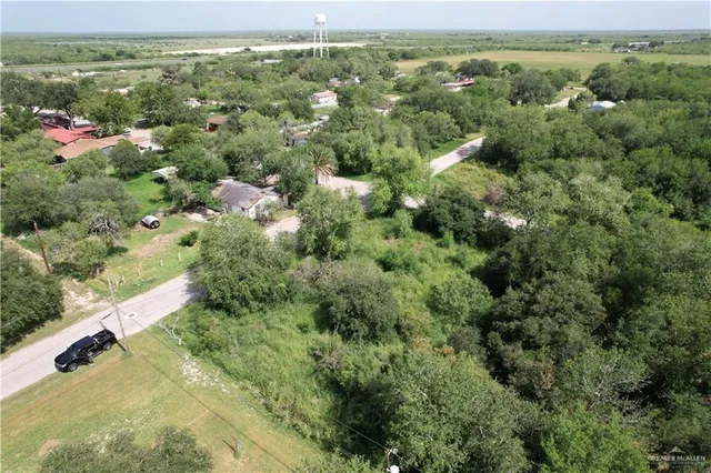 an aerial view of residential houses with outdoor space and trees