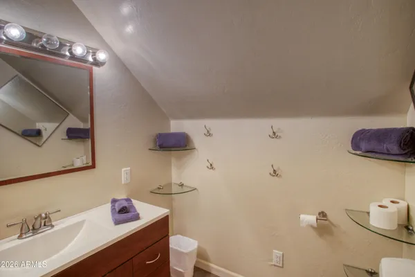 a bathroom with a sink mirror and toilet