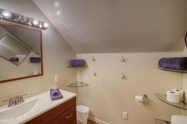 a bathroom with a sink mirror and toilet