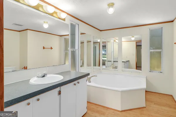 a bathroom with a tub sink and mirror